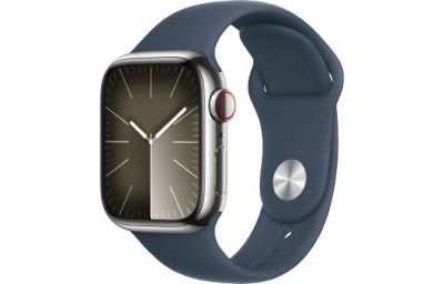 Watch Series 9 GPS + Cellular, 41mm Koperta ze stali nierdzewnej w kolorze srebrnym z paskiem sportowym w kolorze sztormowego błękitu - S/M